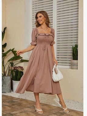 NWT Tan Smocked Midi Dress with Puff Sleeves - Size Large 12/14